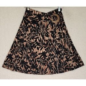 New York & Company Midi Skirt Size Small Floral Slit Black Brown Stretch 0793